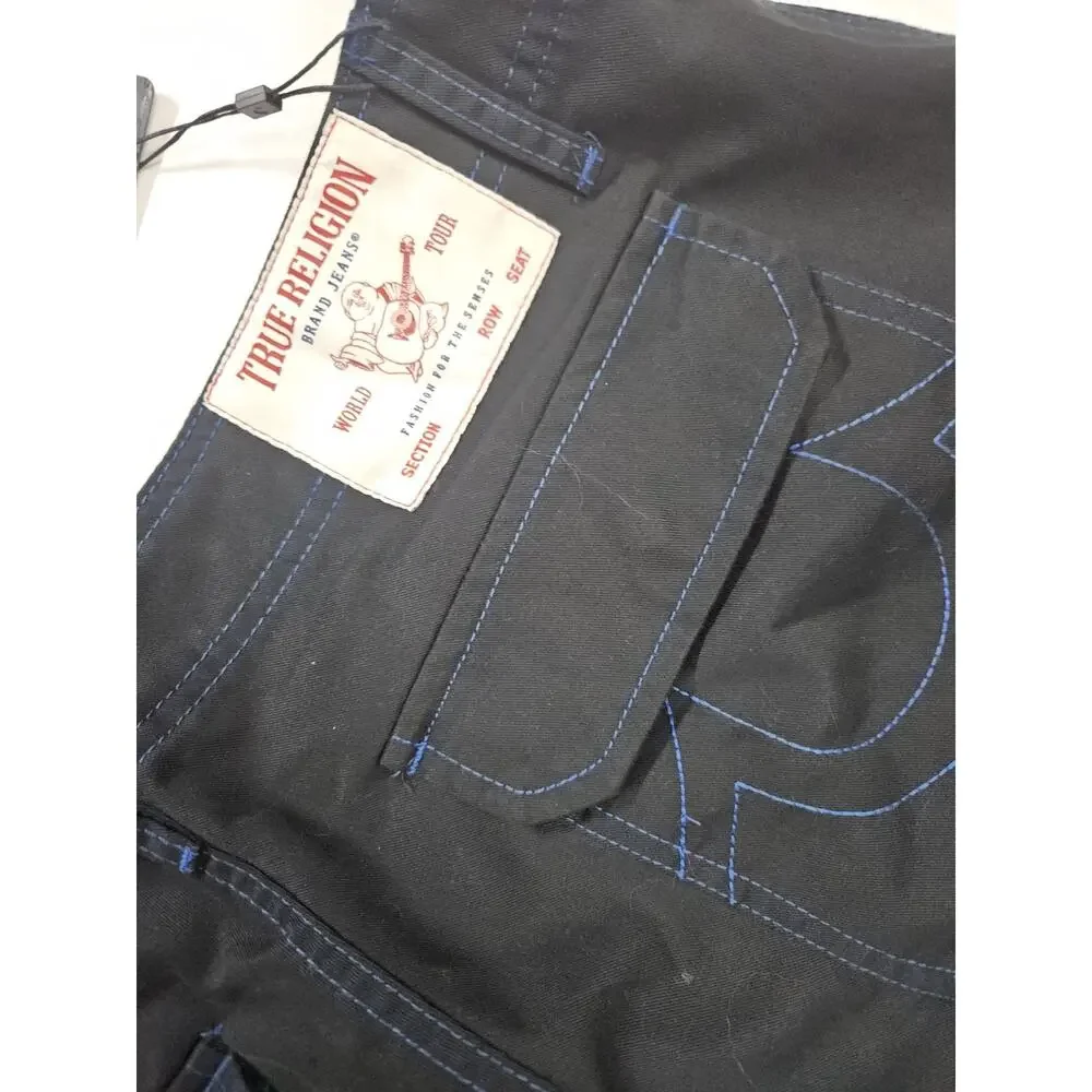 True Religion Cargo Pants Men's 36x32 Black w Blue Stitching MSRP $164